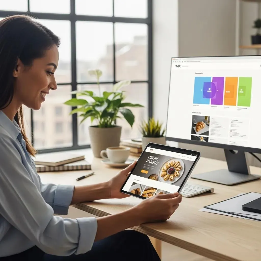 Business owner happily reviewing a new Wix website on a tablet, showcasing the benefits of Wix web design