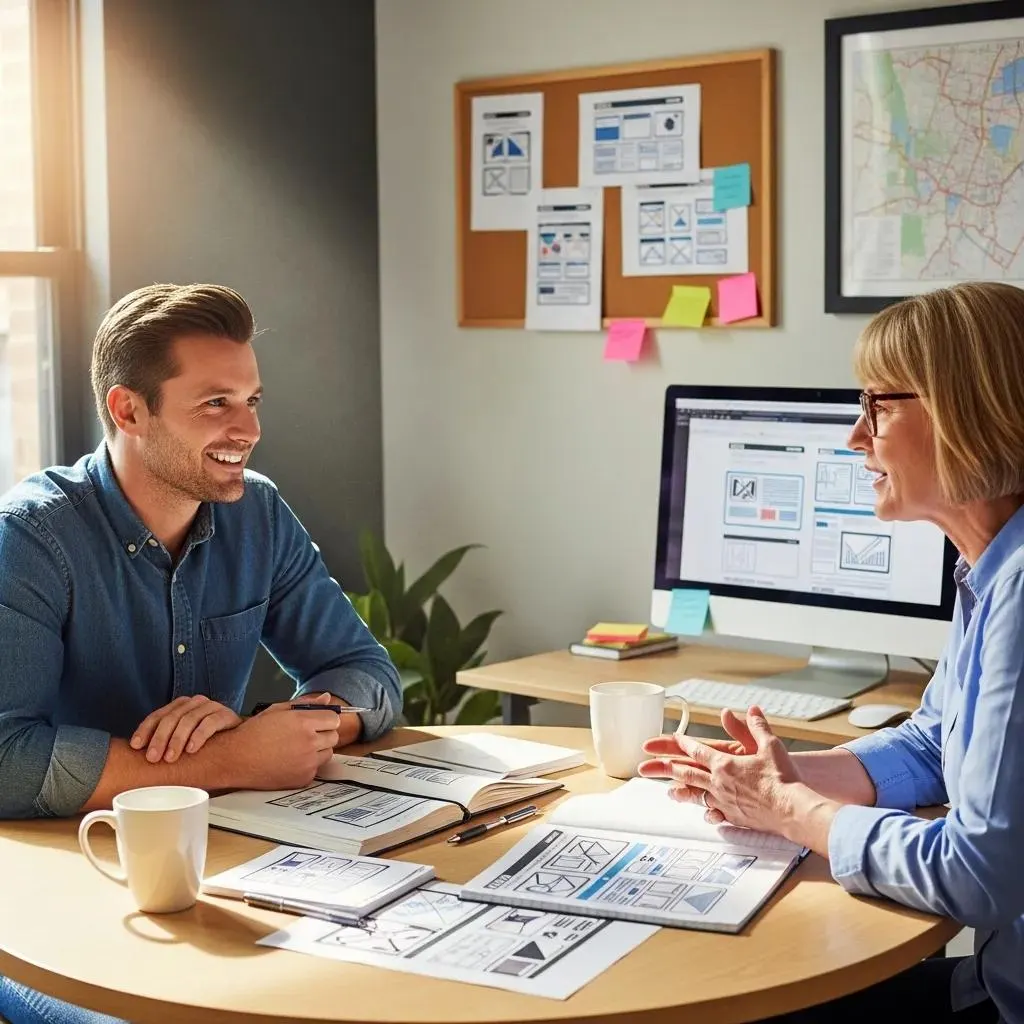 Local web designer collaborating with a business owner, highlighting the advantages of hiring local experts for web design